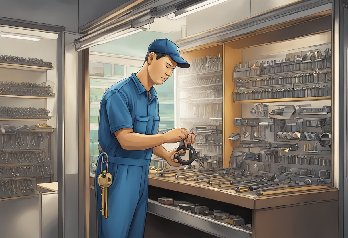 A locksmith duplicating a key at a shop in Singapore