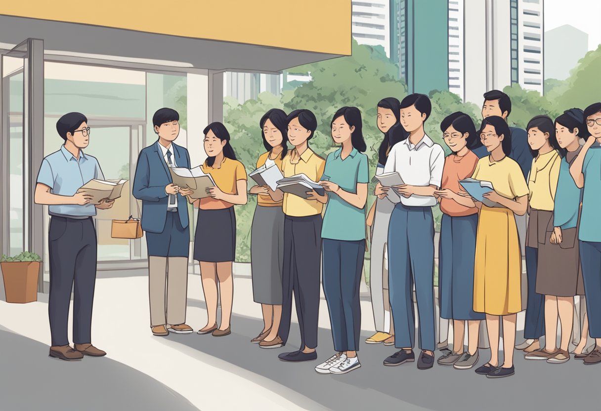 A group of people in Singapore asking common questions to Jehovah's Witnesses, with pamphlets and literature on display