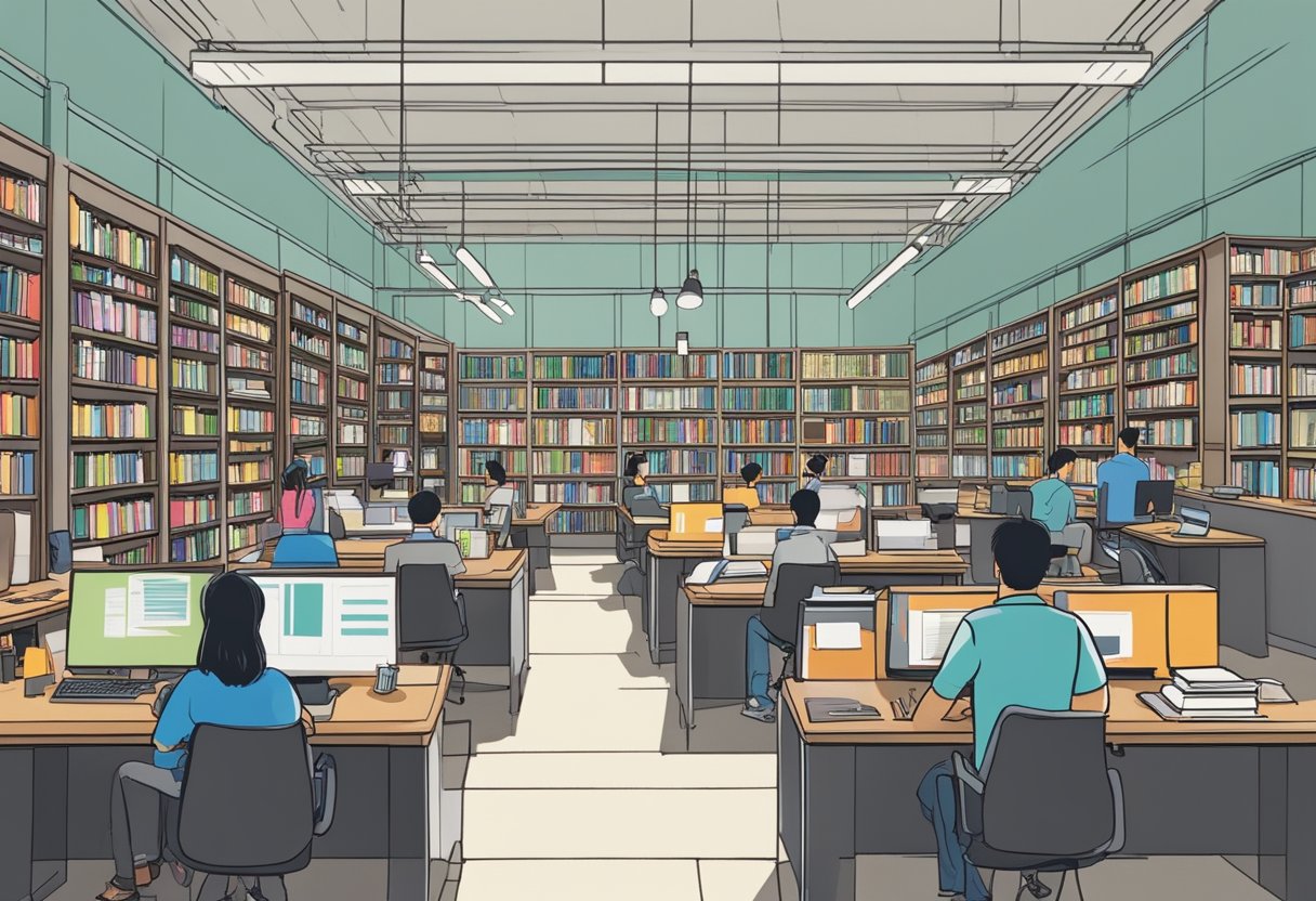A bustling library in Singapore, with people networking and researching for their careers. Books and computers line the shelves, creating a studious atmosphere