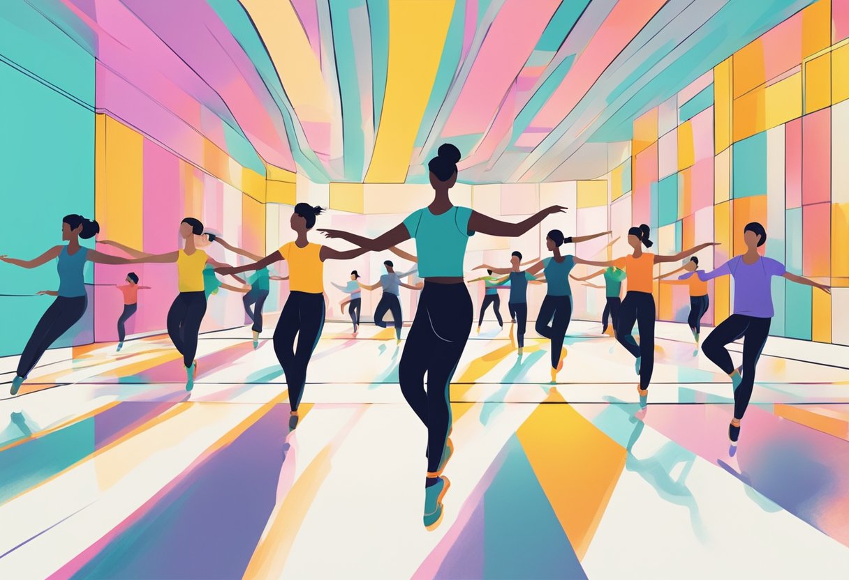 A group of dancers practice synchronized moves in a bright, modern studio in Singapore. The room is filled with energetic music and vibrant colors
