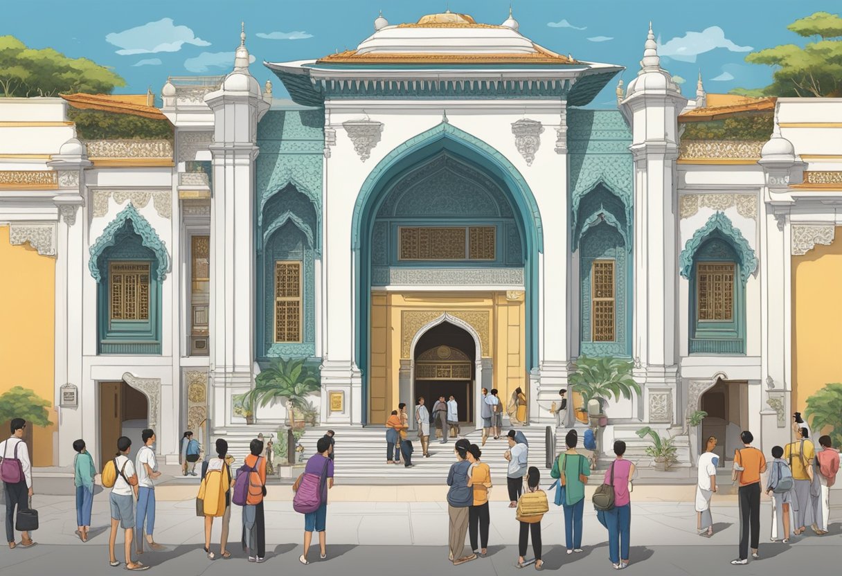 Visitors gather outside the ornate entrance of Rang Mahal, Singapore, consulting maps and guidebooks, excitedly discussing their upcoming visit