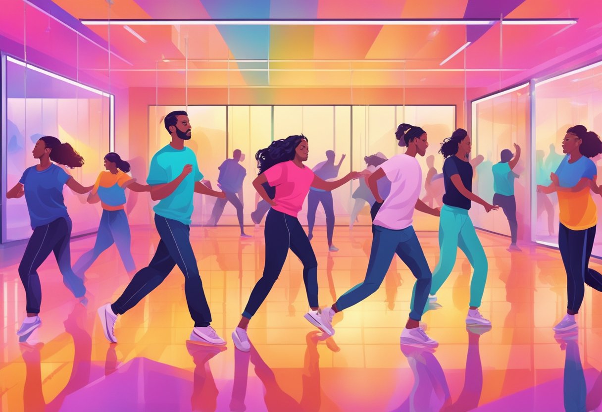 Dancers moving to upbeat music in a bright studio with mirrors and colorful lights