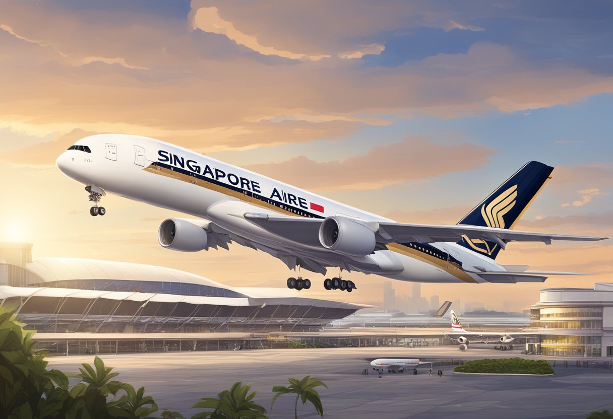 The iconic Singapore Airlines aircraft parked at Changi Airport, with the distinctive red and white livery standing out against the backdrop of the terminal buildings