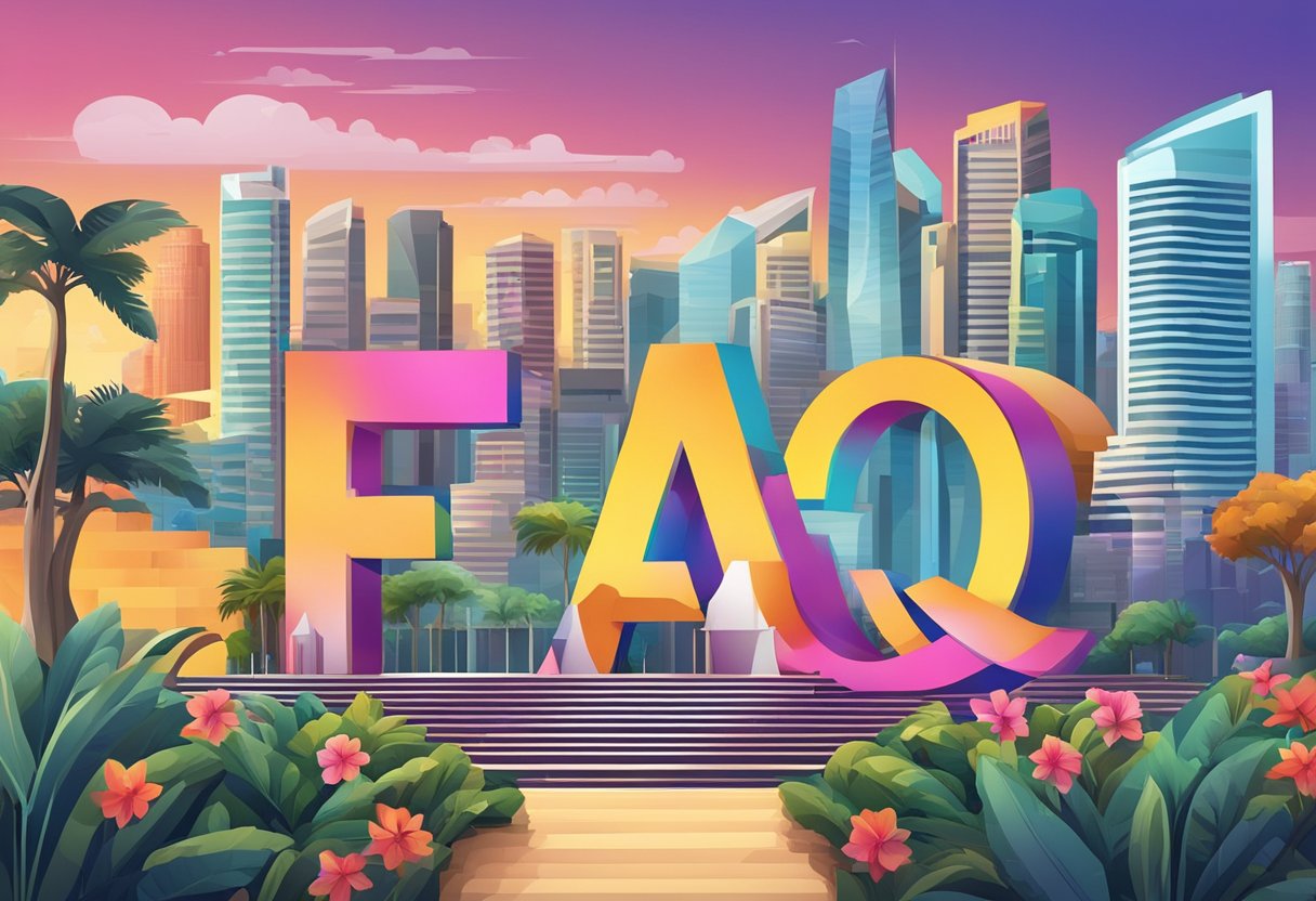 FAQ sign in front of vibrant Singapore landmark, the Rang Mahal, with bustling city backdrop