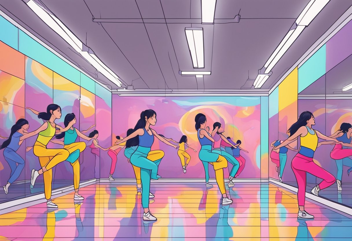 A group of dancers practice intricate K-pop choreography in a vibrant dance studio in Singapore. Mirrors line the walls, reflecting their precise movements