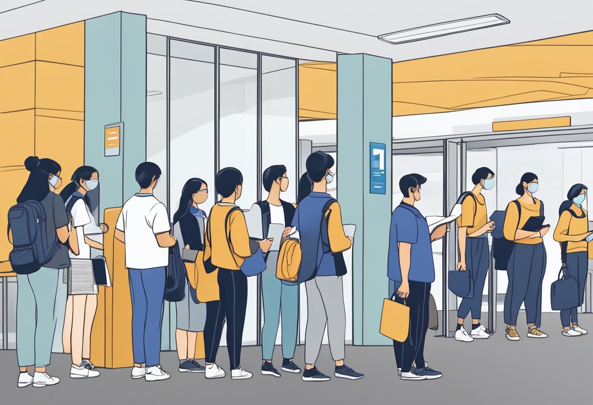 Students line up outside the admissions office at SAS Singapore, holding their documents and ID cards, while staff members check and verify their entry requirements