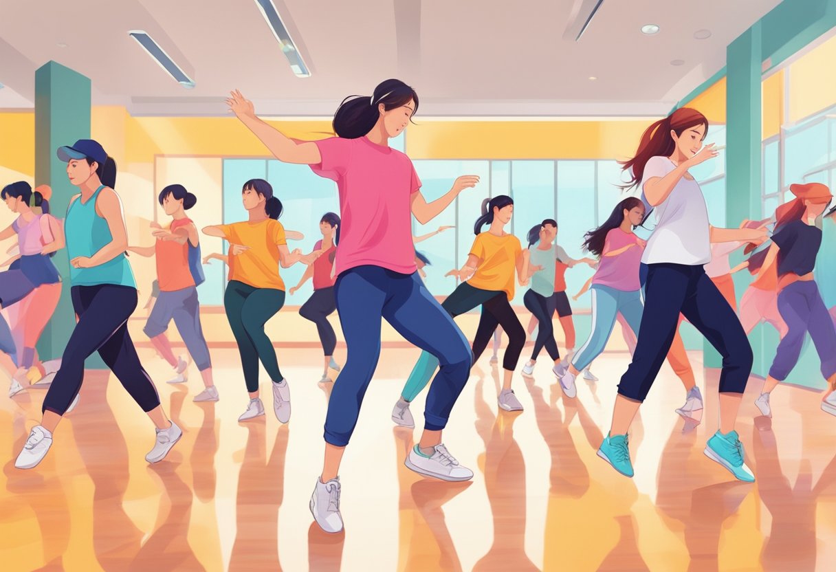 A group of dancers follow an instructor's lead in a vibrant K-pop dance class in Singapore. The room is filled with energy and movement as they practice their choreography