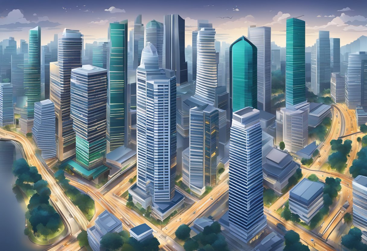 A bustling cityscape with modern skyscrapers and a network of busy streets in the heart of Singapore