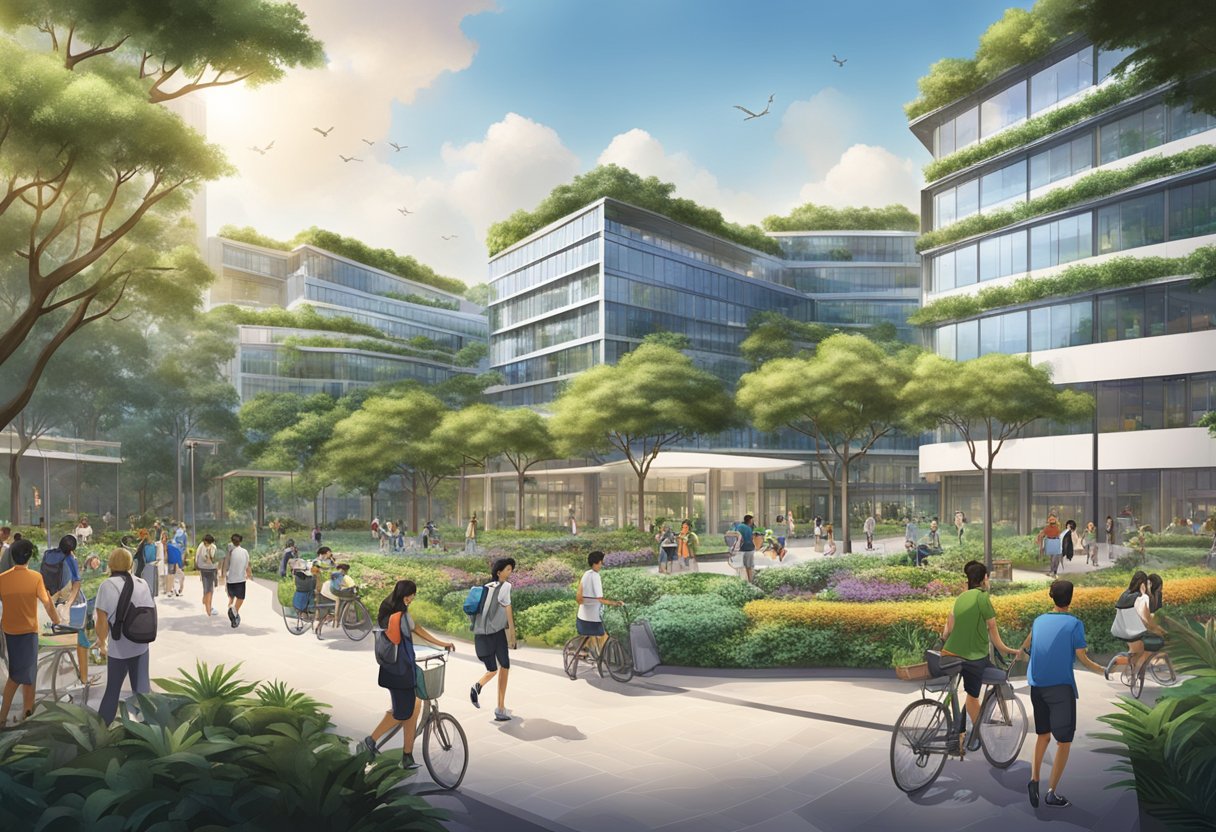 The bustling campus of SAS Singapore features modern facilities, lush greenery, and vibrant student life