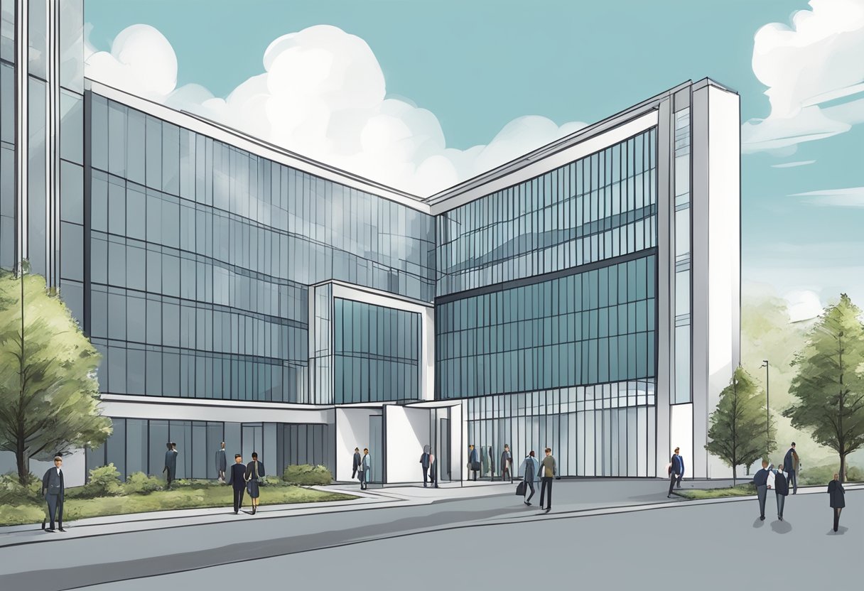 A sleek corporate building with the company logo prominently displayed. A line of professional-looking employees entering and exiting the building