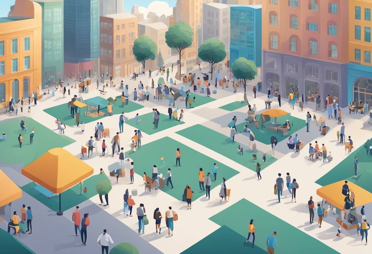 A bustling city square with diverse people interacting around a central hub of technological innovation and community engagement