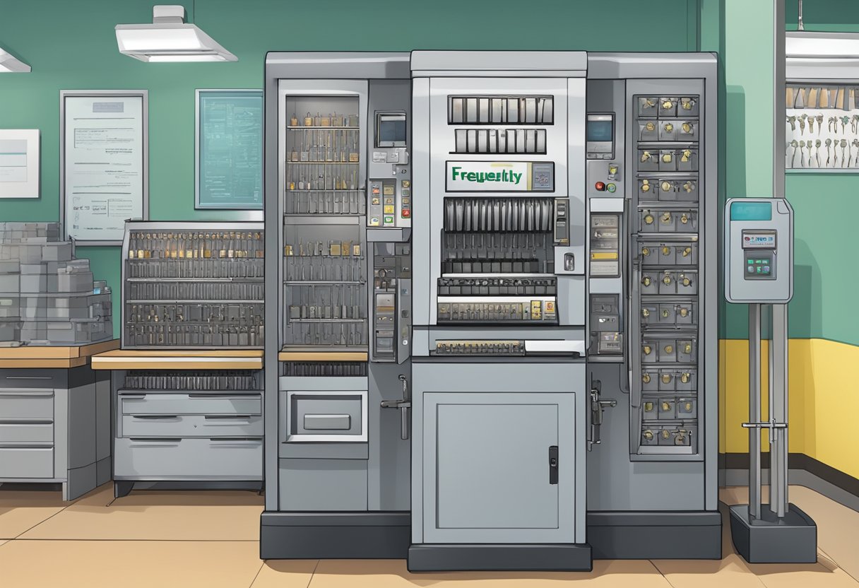 A key duplication machine in a locksmith shop with a sign that reads "Frequently Asked Questions" in Singapore