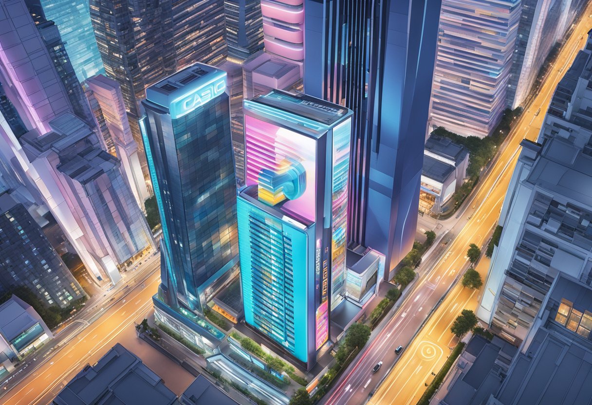 A vibrant cityscape with the iconic Casio logo prominently displayed on a sleek building in the bustling city of Singapore