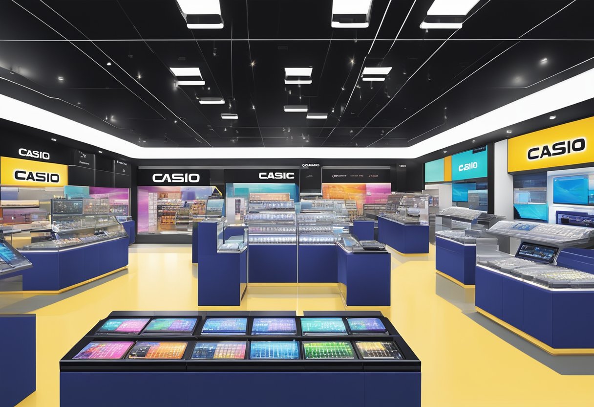 A vibrant display of Casio's products in a sleek Singaporean store. Bright lights illuminate the range of innovative watches, calculators, and musical instruments