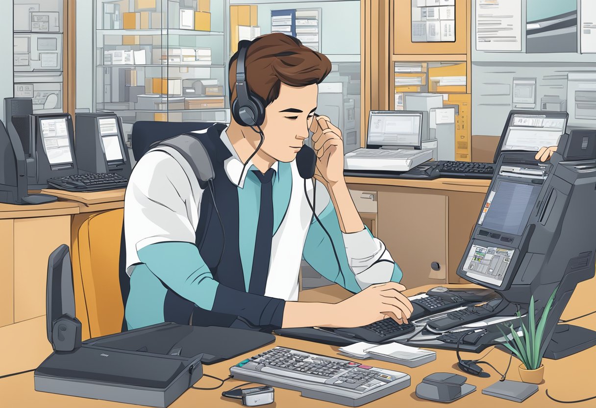 A customer service representative assisting a client with a Casio product, surrounded by various communication tools and resources