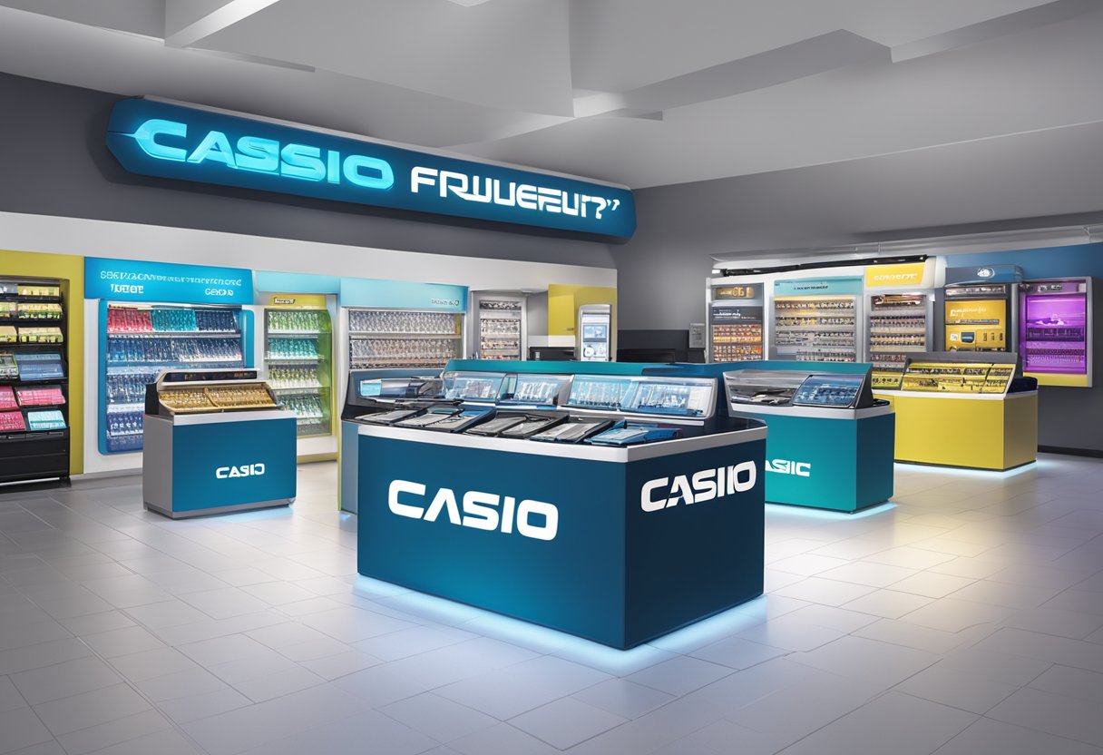A vibrant display of Casio products with a "Frequently Asked Questions" banner above. Bright lighting and a clean, modern setting