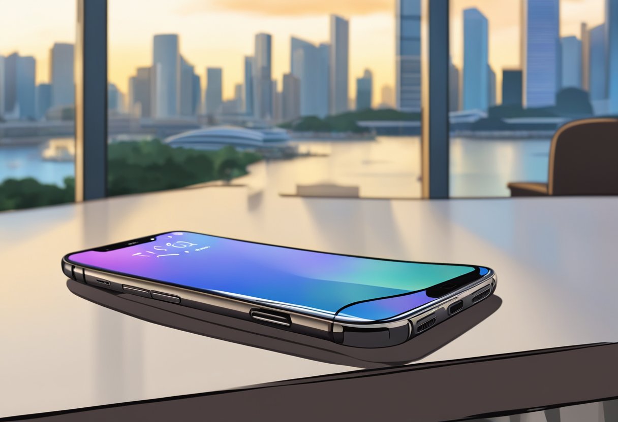 A second-hand iPhone sits on a table in Singapore, with the city skyline visible through a window in the background