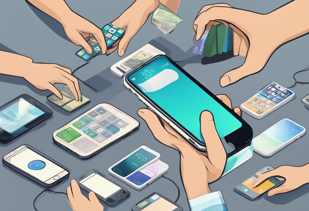 A hand reaching for a second-hand iPhone displayed on a table with a price tag and a variety of models in the background