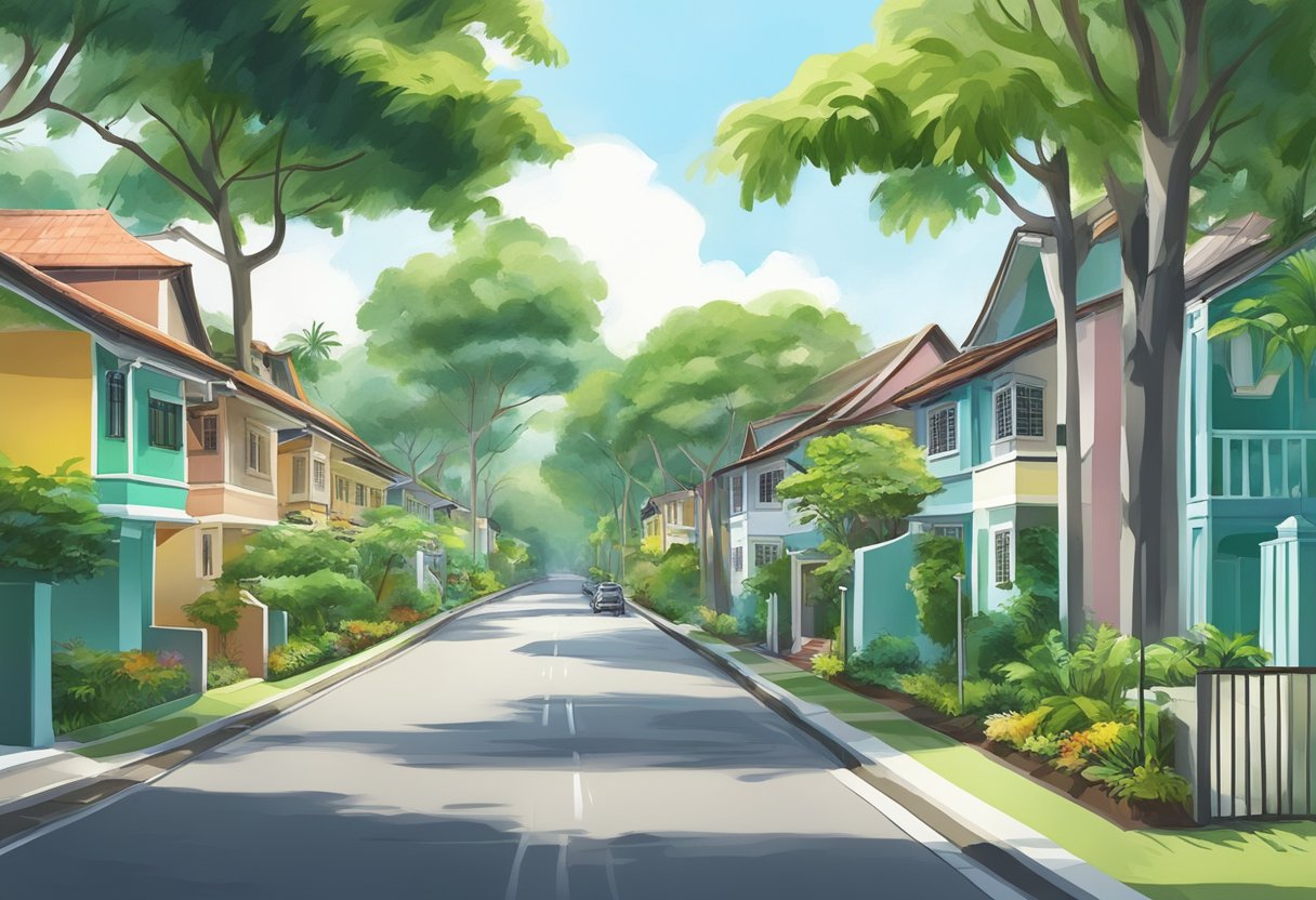 A serene neighborhood with lush greenery and colorful houses lines Spottiswoode Park Road in Singapore