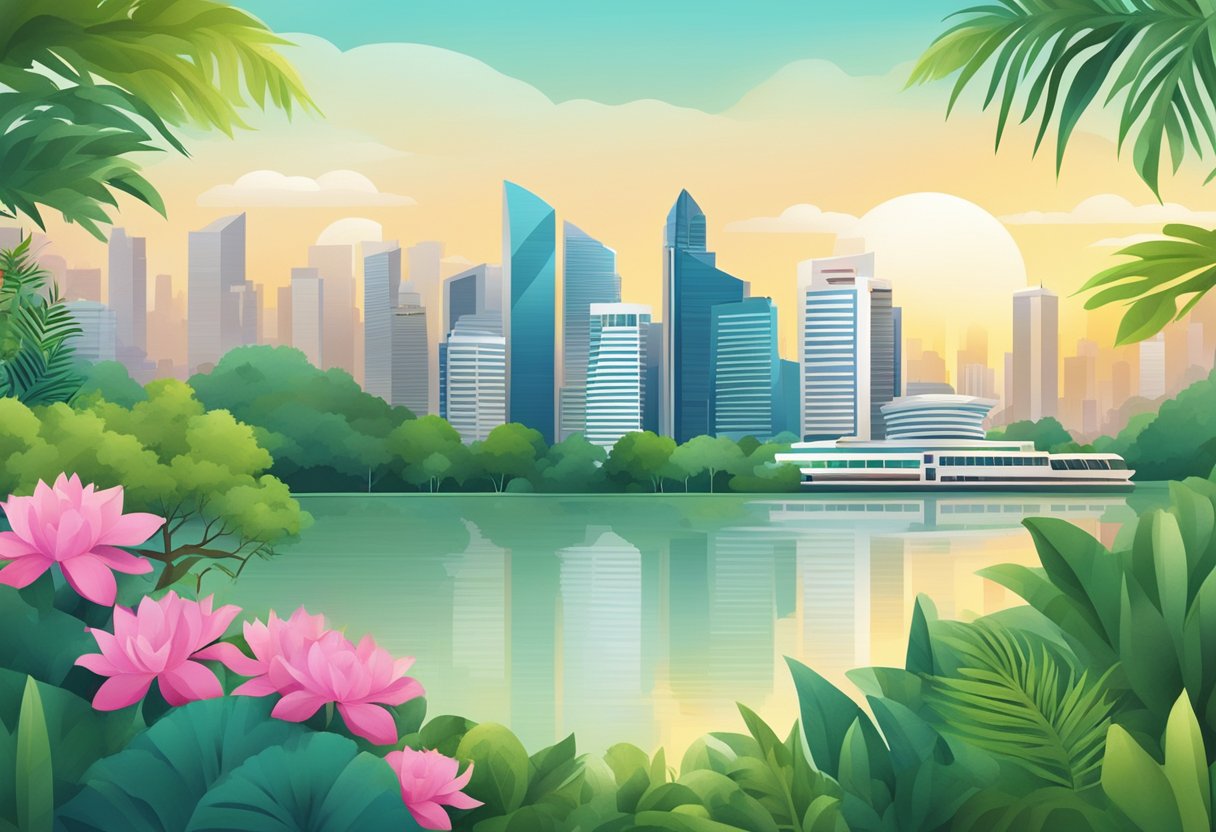 The sunny skyline of Singapore with iconic landmarks and lush greenery