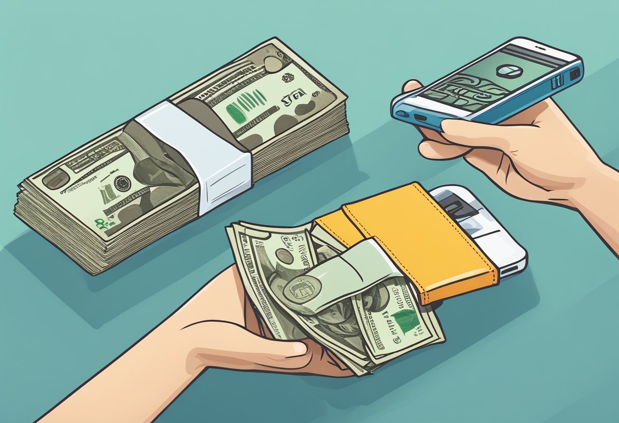 A hand exchanges cash for a second-hand iPhone in a Singapore shop