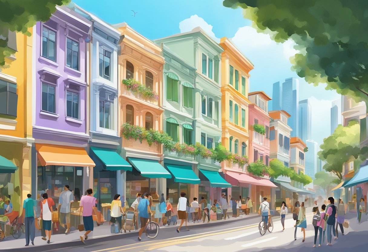 A bustling street in Spottiswoode Park Road, Singapore, with colorful buildings, diverse shops, and people interacting in a vibrant neighborhood setting