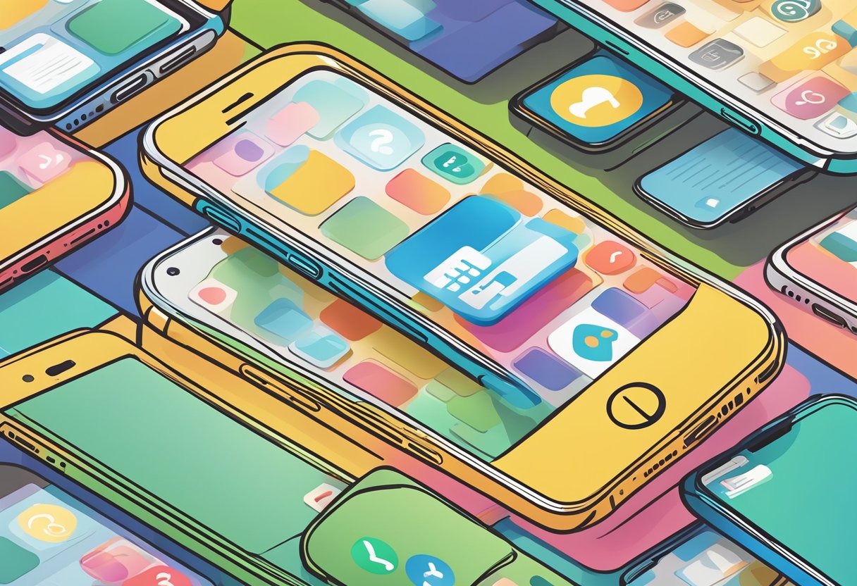 A stack of iPhones with a "Frequently Asked Questions" sign in a bustling Singapore marketplace