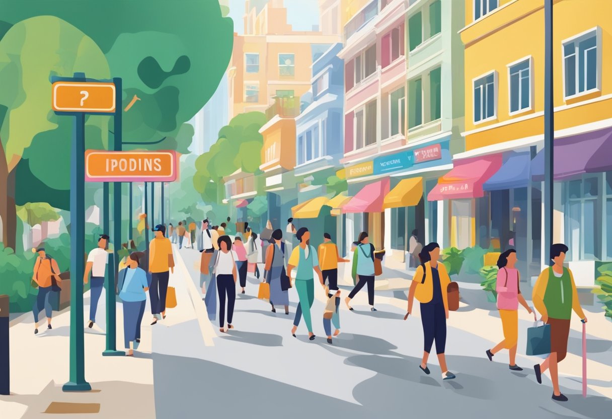 A bustling street with colorful signs and people walking. A sign reads "Frequently Asked Questions spottiswoode park road singapore" in bold letters
