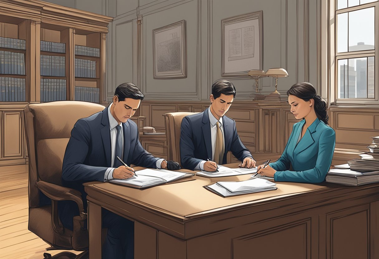 A couple signing legal papers in a lawyer's office, with a somber atmosphere and a sense of finality