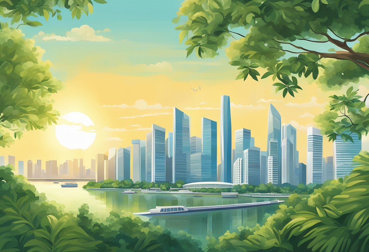 The sun shines brightly over Singapore's skyline as fluffy clouds drift lazily across the clear blue sky. A gentle breeze rustles the leaves of the lush green trees below, creating a sense of tranquility in the bustling city