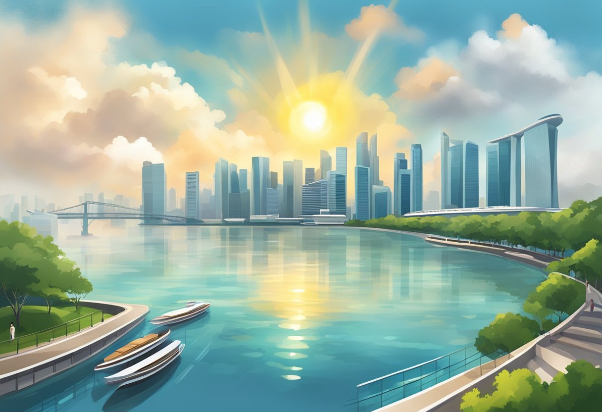The sun shines over the iconic skyline of Singapore, with scattered clouds and a light breeze. Rain showers are forecasted for the afternoon