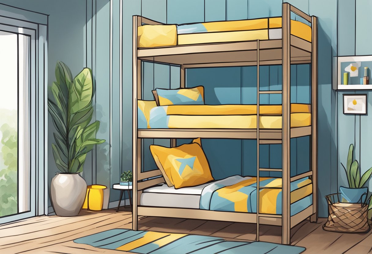 A bunk bed in a cozy Singapore bedroom, with colorful bedding and a small nightstand
