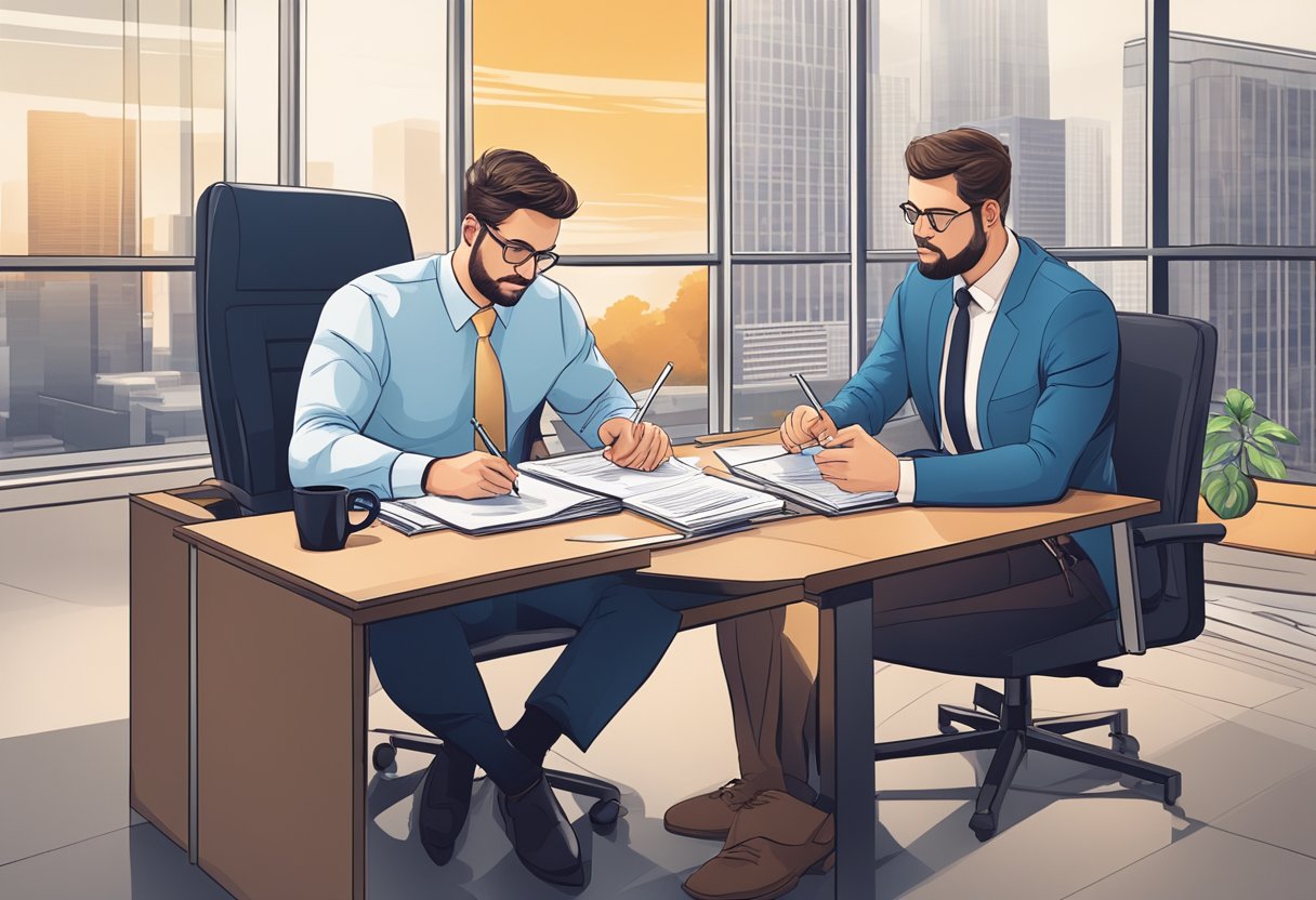 A lawyer sits at a desk, reviewing legal documents and consulting with a client in a modern office setting
