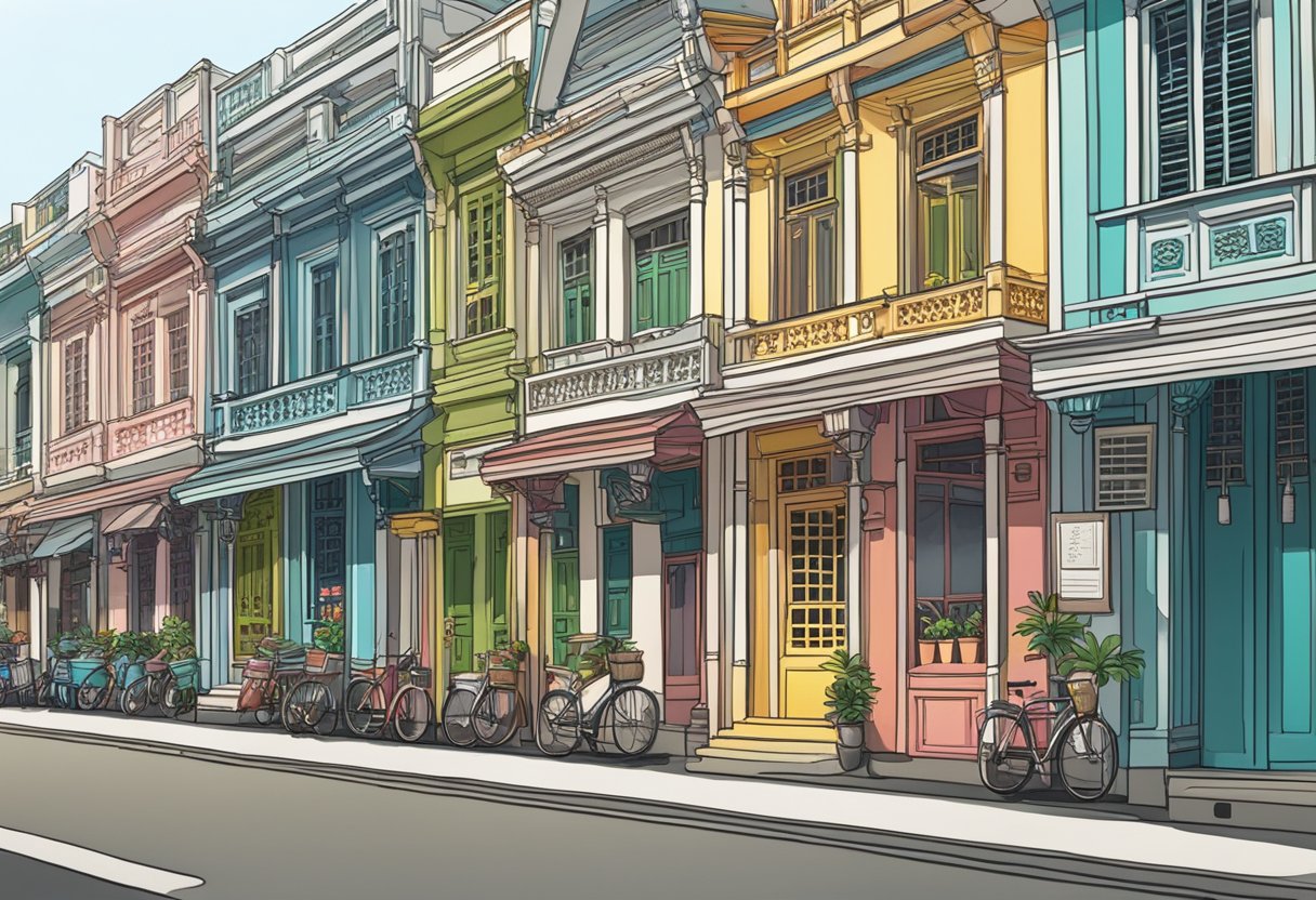 A row of colorful, narrow shophouses line a bustling street in Singapore, featuring intricate architectural details and vibrant signage