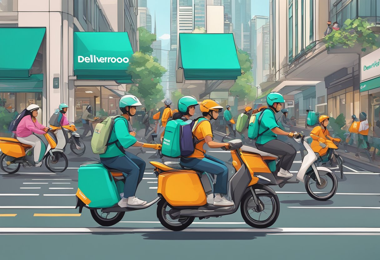Deliveroo Singapore: A bustling street scene with colorful food delivery riders zipping through traffic, delivering meals to hungry customers
