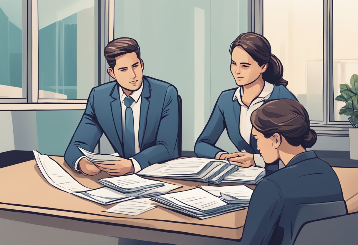A couple sitting across from a lawyer, discussing divorce paperwork, with a stack of documents and a "Frequently Asked Questions" brochure on the table
