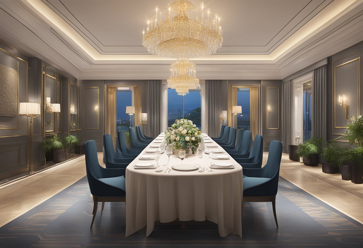 A elegant private dining room in Singapore with a large table, luxurious decor, and soft lighting