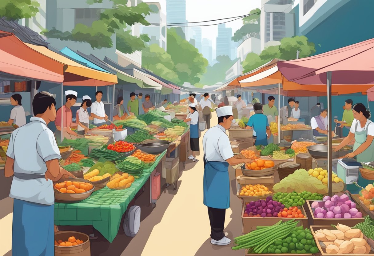 A colorful street market in Singapore, with vendors selling fresh produce and a chef cooking up aromatic poulet dishes