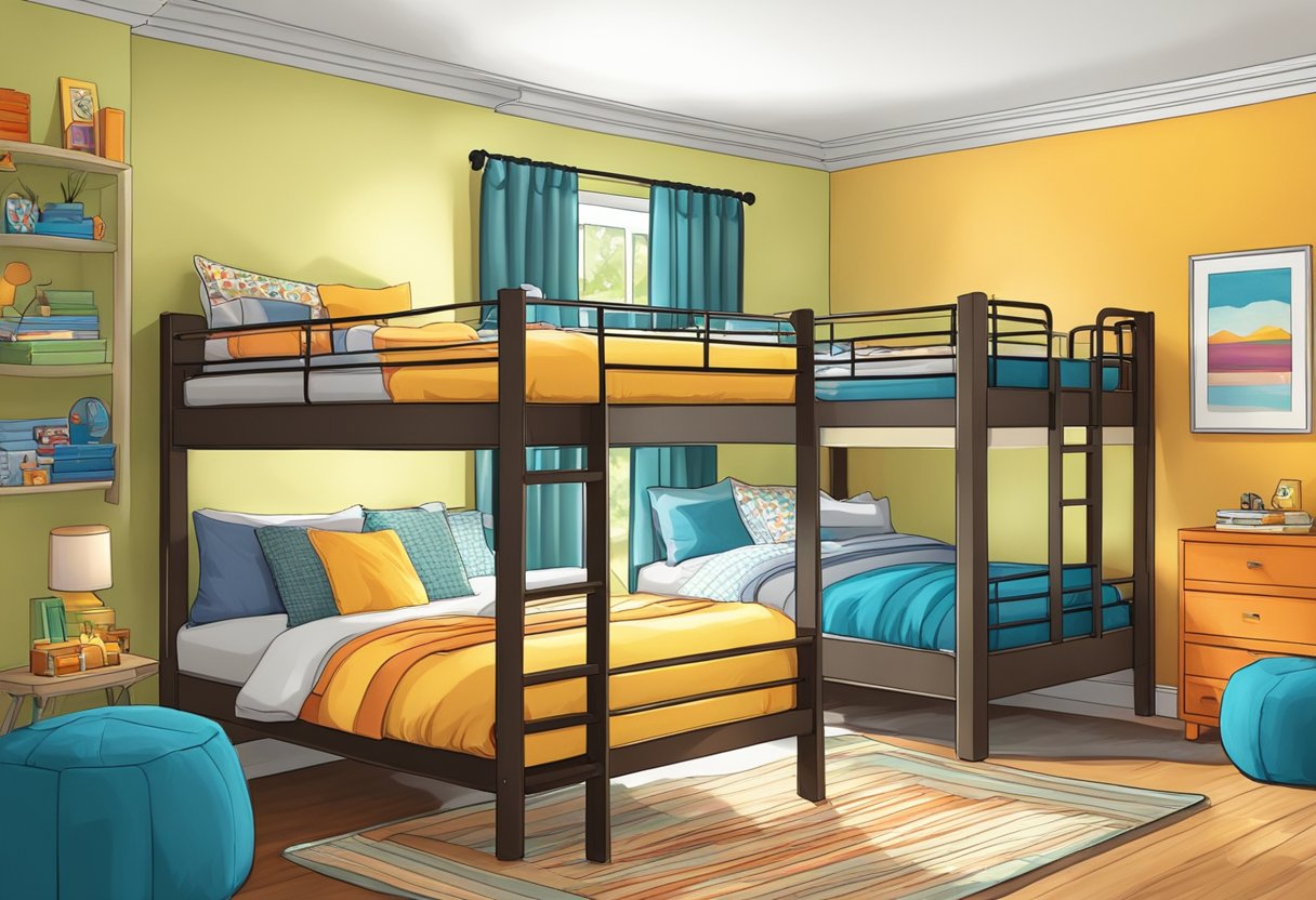 Two bunk beds in a cozy bedroom, one with a ladder and safety rail. Brightly colored bedding and a plush rug add warmth to the room