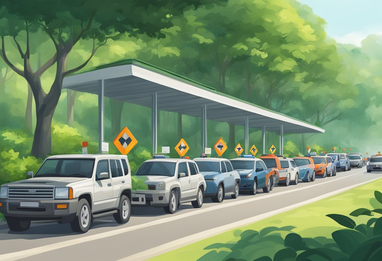 A border checkpoint in Woodlands, Singapore, with vehicles lined up for inspection under the shade of lush green trees