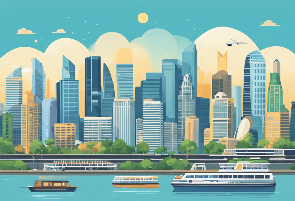 A bustling city skyline with iconic landmarks under a clear blue sky, with text "Frequently Asked Questions cuaca Singapore" in bold letters