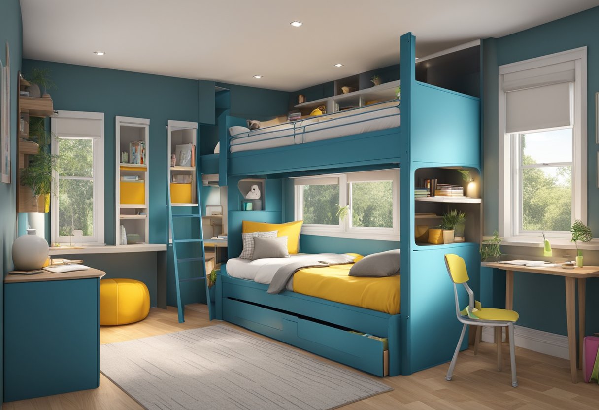 The bunk bed in the small bedroom is cleverly designed to maximize space, with a sturdy ladder leading to the top bunk and built-in storage compartments underneath