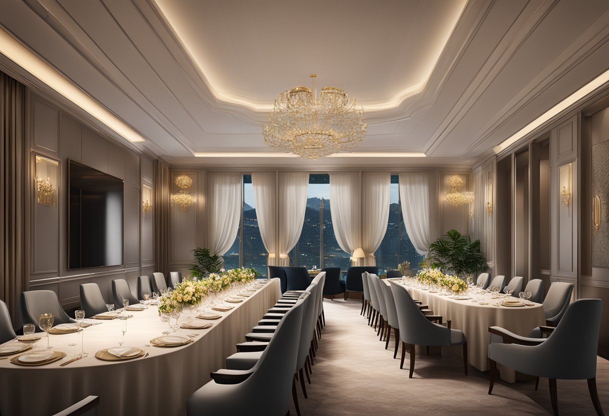 A luxurious private dining room in Singapore, adorned with elegant furnishings and ambient lighting, exuding an air of exclusivity and sophistication