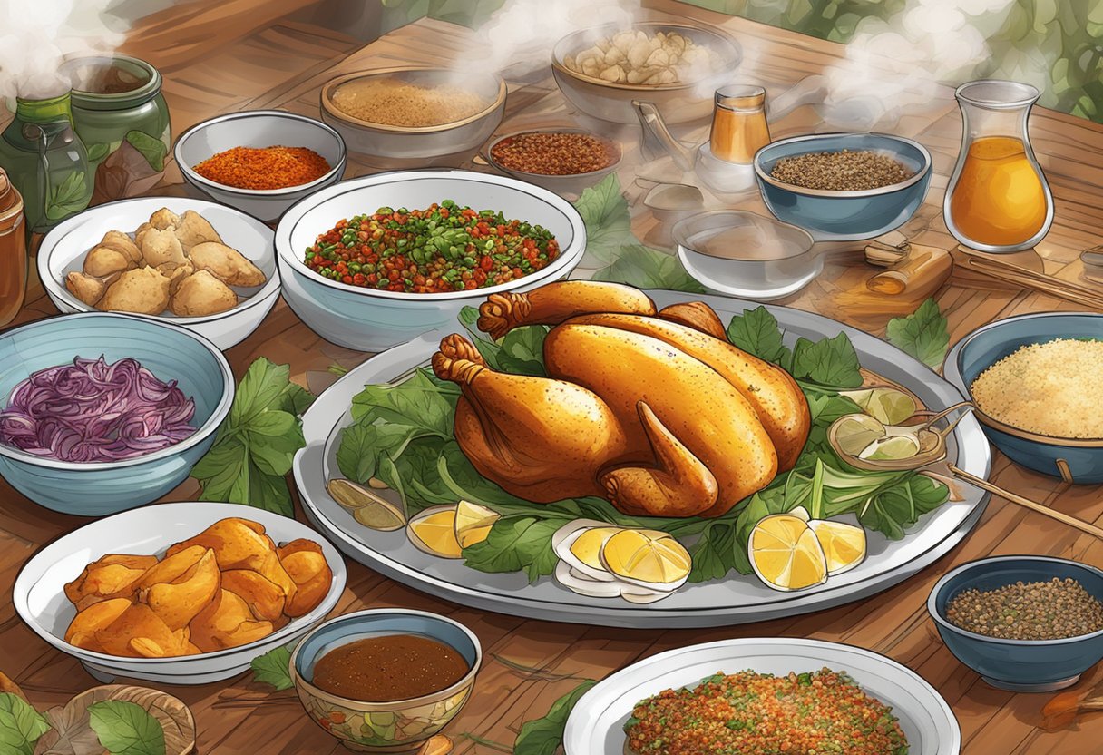 A table set with a steaming plate of Poulet Singapore, surrounded by vibrant spices and ingredients, evoking the aroma and flavors of Southeast Asia