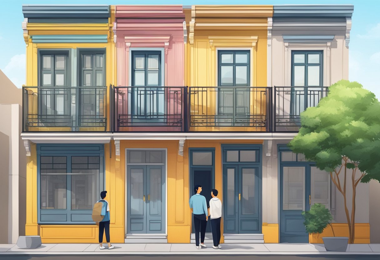 Potential buyers inspecting shophouse exterior, discussing price and location, considering layout and potential renovations