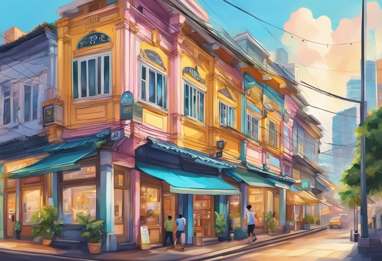 A colorful shophouse with a "For Sale" sign in the bustling streets of Singapore. Bright lights and vibrant storefronts surround the building