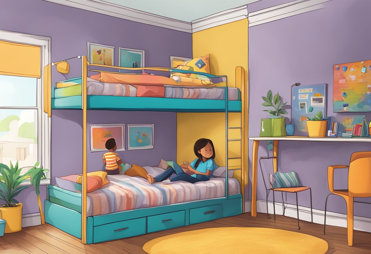 Two children climbing up a colorful bunk bed in a cozy bedroom, with a "Frequently Asked Questions" sign hanging on the wall