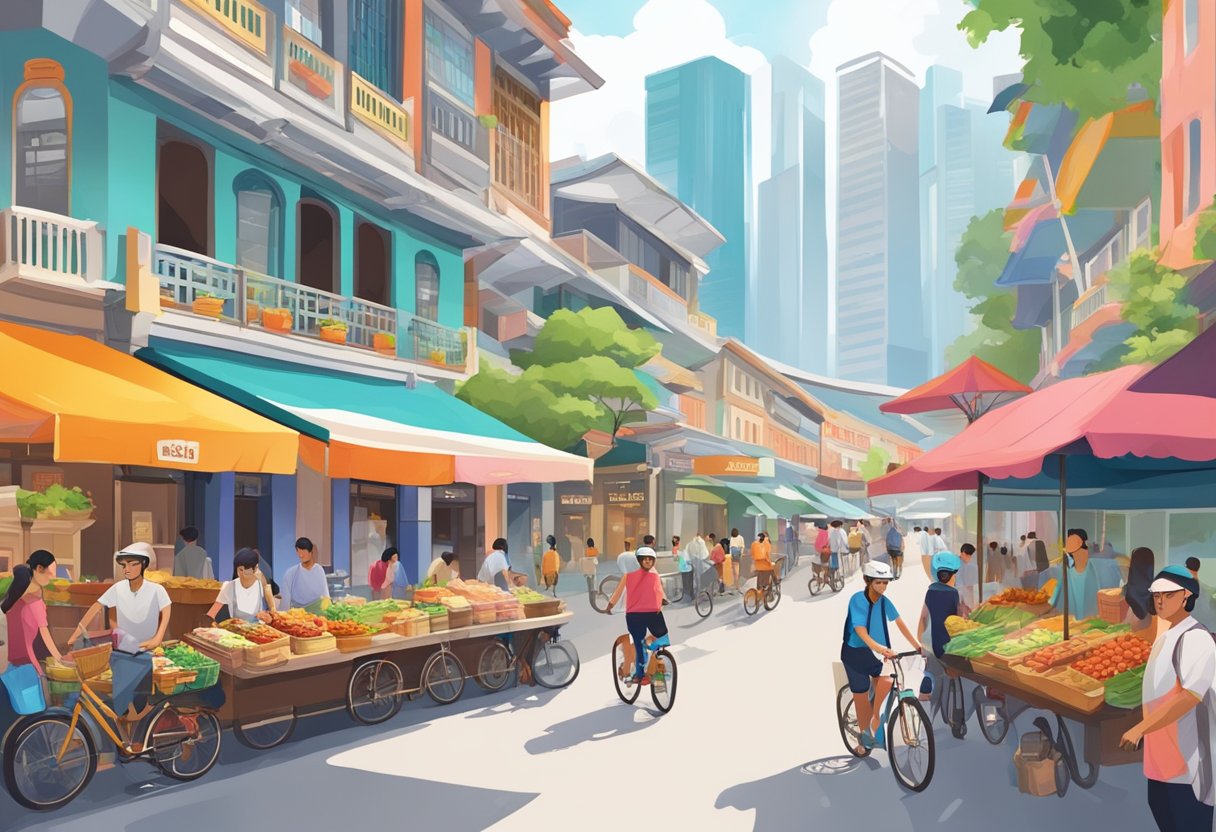 A bustling street in Singapore with colorful food stalls and delivery riders on bikes, surrounded by a mix of traditional and modern architecture