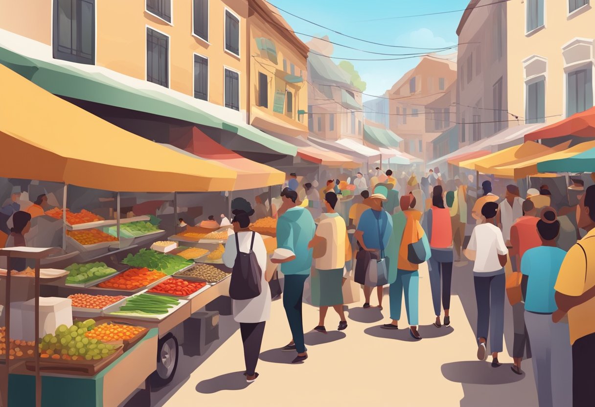 A bustling outdoor market with colorful stalls and aromatic food stands, surrounded by bustling crowds and the sounds of sizzling grills