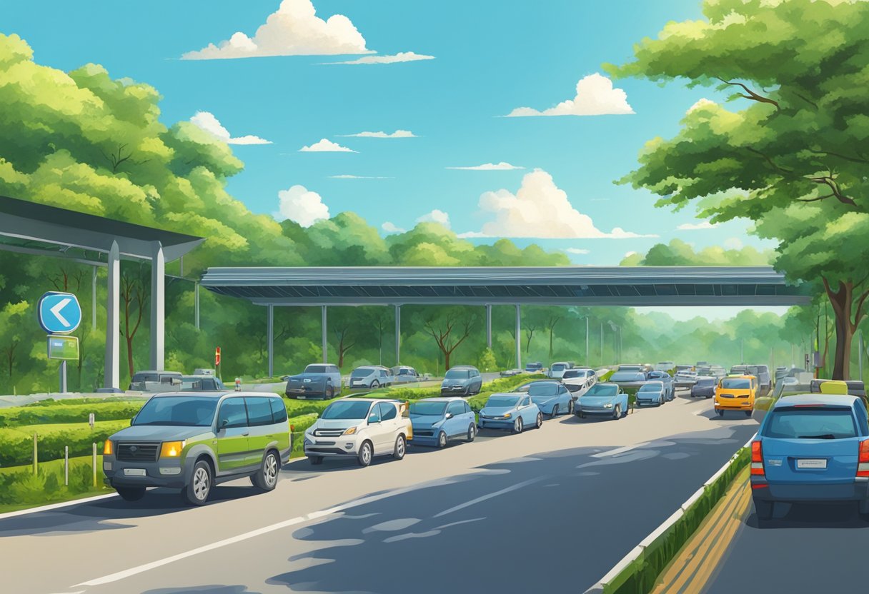 A signboard stands at the entrance of Woodlands Checkpoint, with a queue of vehicles waiting to pass through. Surrounding the area are lush green trees and a clear blue sky overhead